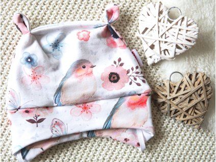 Elastická čepička teplákovina celotisk ptáčci, květy