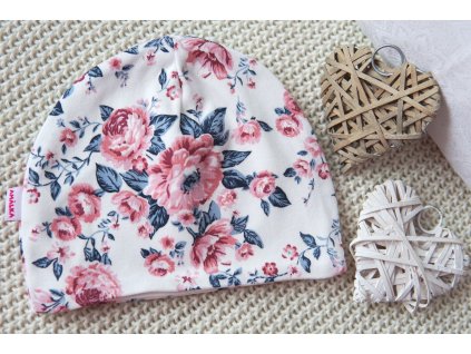 Dvojitá bavlněná čepička smetanová, pudrové květy