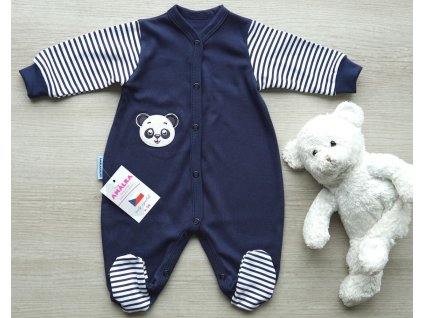 Bavlněný overal, tmavý s pruhy, medvídek panda
