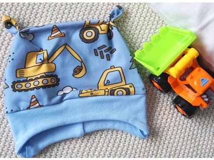 Elastická čepička teplákovina modrá, bagry