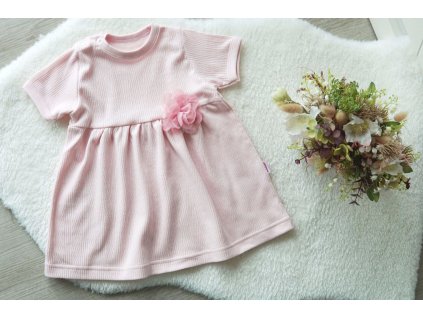 Letní šaty ažurový vzor, pudrově růžové, velký tylový květ