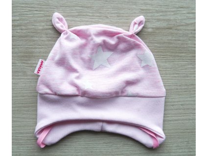 Bavlněná, růžová čepička, hvězdičky