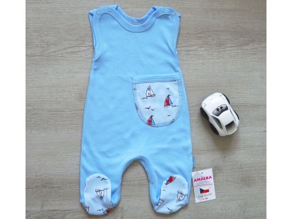 Modré, bavlněné dupačky kapsa lodičky, 2.jakost