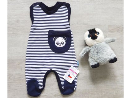 Bavlněné pruhované dupačky s kapsou, panda