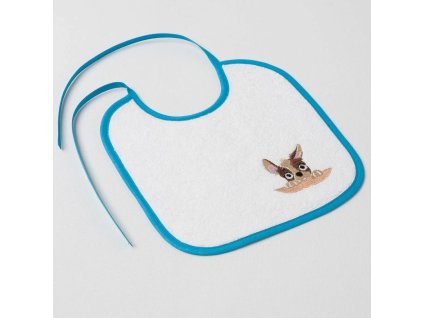 Dětský slintáček Veba bílá s výšivkou Zvědavý pejsek tmavá tyrkysová lemovka