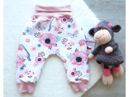 Zateplené kalhoty teplákovina - fleece ptáčci, květy