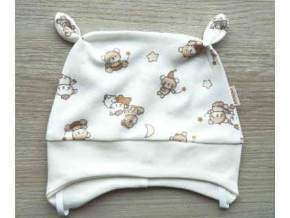 Bavlněná čepička s oušky, malí hnědí medvídci