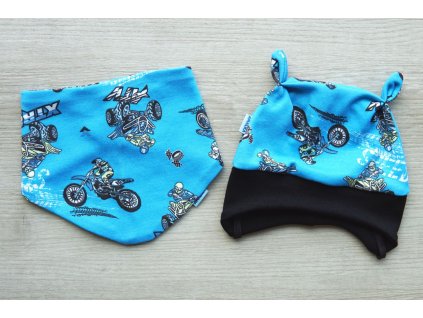 Bavlněná tyrkysová čepička + šátek na krk, motorky
