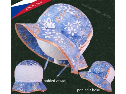 Dívčí letní klobouček, modrý s květy