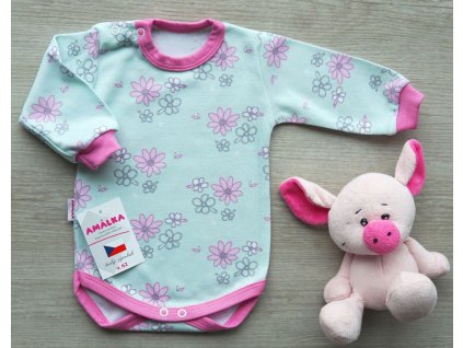 Bavlněné body dlouhý rukáv květinky, zeleno/růžové