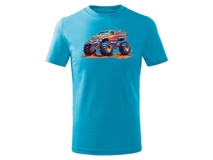 Dětské bavlněné tričko krátký rukáv tyrkysové, Monster truck
