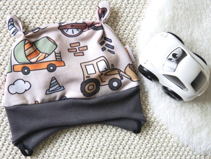 Elastická čepička teplákovina béžová, bagry