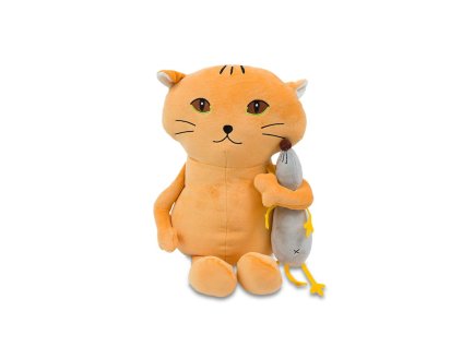 Plyšák-polštářek kočka s myší z mikrospandexu, 30 cm, béžová