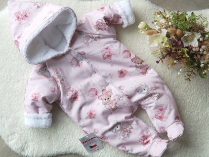 Zateplená růžová kombinéza, medvědí holčička 2.jakost