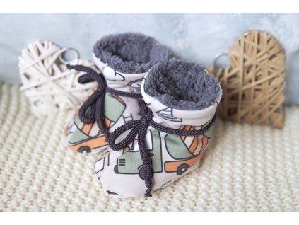 Zateplené bačkůrky béžovo šedé s bagry