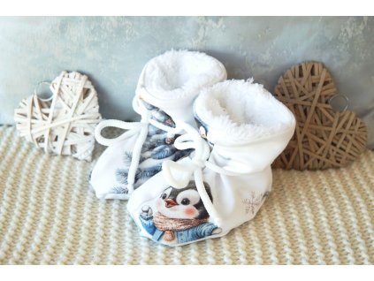 Zateplené bačkůrky pro miminko, tučňák se sněhulákem