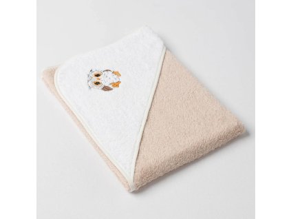 Dětská osuška Veba s kapucí béžovo/bílá s výšivkou Moudrá sovička natur lemovka