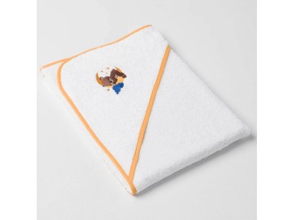 Dětská osuška Veba s kapucí bílá s výšivkou Méďa v oblacích zlatá lemovka