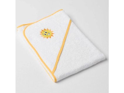 Dětská osuška Veba s kapucí bílá s výšivkou Sluníčko žlutá lemovka