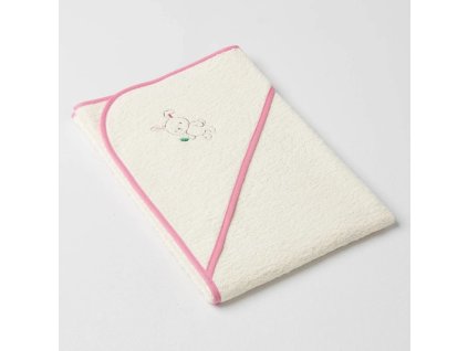 Dětská osuška Veba s kapucí jasmínová s výšivkou Králíček ušáček růžová lemovka