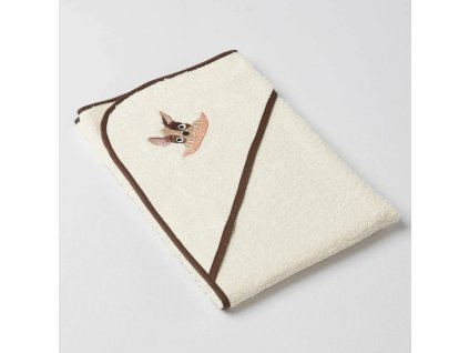 Dětská osuška Veba s kapucí jasmínová s výšivkou Zvědavý pejsek tmavá hnědá lemovka