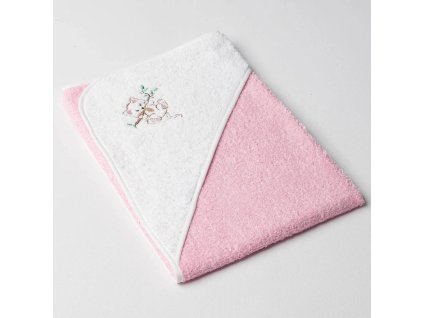 Dětská osuška Veba s kapucí růžovo/bílá s výšivkou Kočička na větvi bílá lemovka