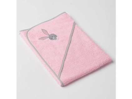 Dětská osuška Veba s kapucí růžová s výšivkou Zvědavý zajíček šedá lemovka