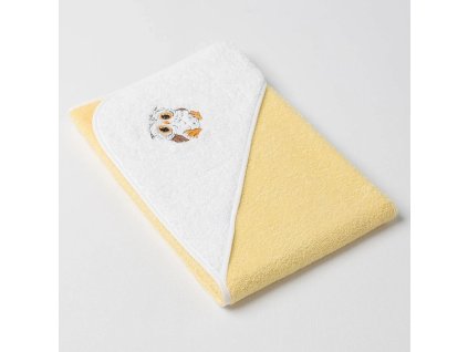 Dětská osuška Veba s kapucí žluto/bílá s výšivkou Moudrá sovička bílá lemovka