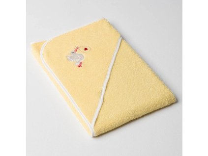 Dětská osuška Veba s kapucí žlutá s výšivkou Čapí pošta bílá lemovka