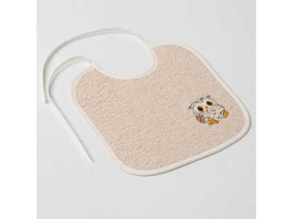Dětský slintáček Veba béžová s výšivkou Moudrá sovička natur lemovka