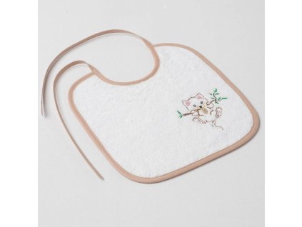Dětský slintáček Veba bílá s výšivkou Kočička na větvi béžová lemovka