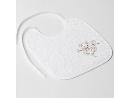 Dětský slintáček Veba bílá s výšivkou Kočička na větvi bílá lemovka