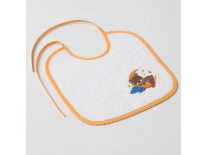 Dětský slintáček Veba LOTA bílá s výšivkou Méďa v oblacích zlatá lemovka