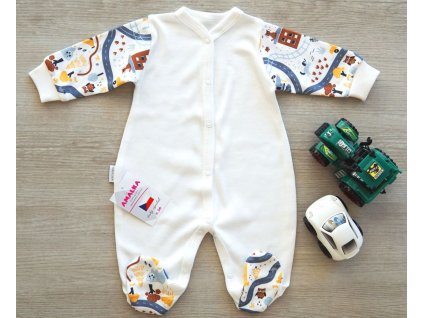 Bavlněný propínací overal smetanový, veselé cestičky