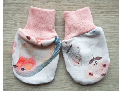 Bavlněné rukavičky bez palečku, ptáčci květy