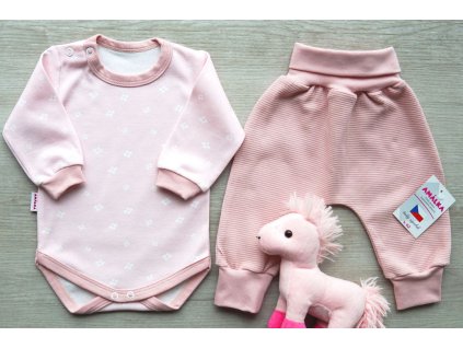 Bavlněná souprava body + rostoucí kalhoty, pudrově růžová