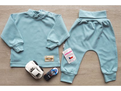 Bavlněná žebrovaná souprava, ledově zelená s autem