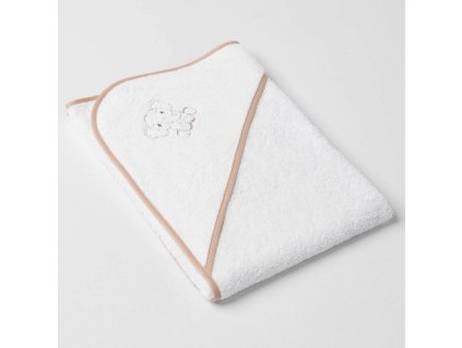 Dětská osuška Veba s kapucí bílá s výšivkou Sloník béžová lemovka
