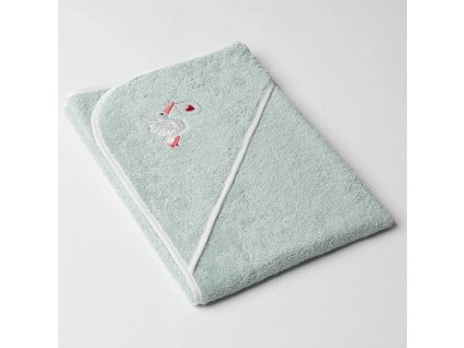 Dětská osuška Veba s kapucí zelenošedá s výšivkou Čapí pošta bílá lemovka