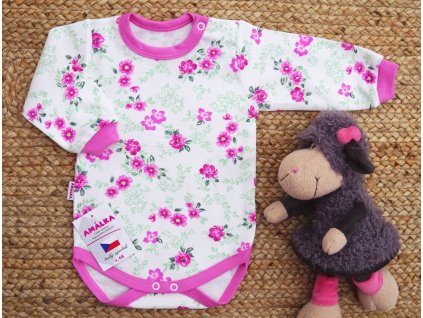 Bavlněné body dlouhý rukáv, růžové květinky