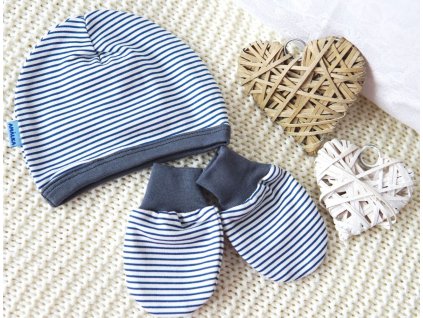 Bavlněná čepička saporka, šedé pruhy + rukavičky