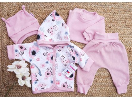 Souprava pro holčičku pudrově růžová, Ptáčci Květy