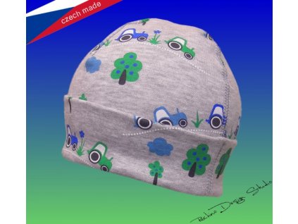 Kojenecká čepička šedá, traktor