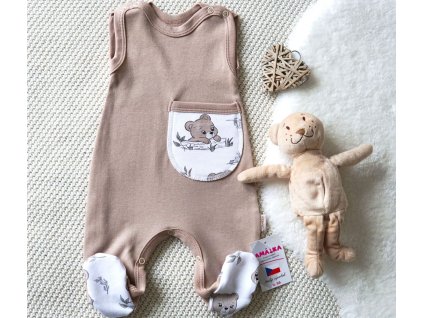 Bavlněné dupačky kávové latté, kapsa Medvídek