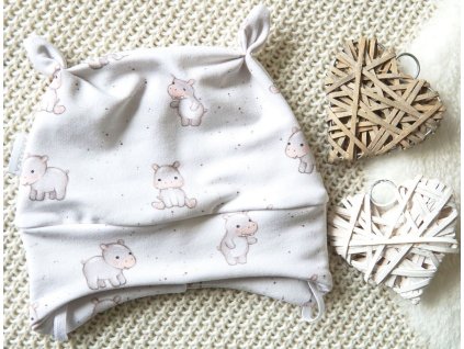 Elastická čepice teplákovina celotisk, hrošíci