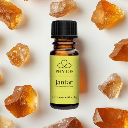 100% esenciální olej Jantar s přírodní dekorací na pozadí