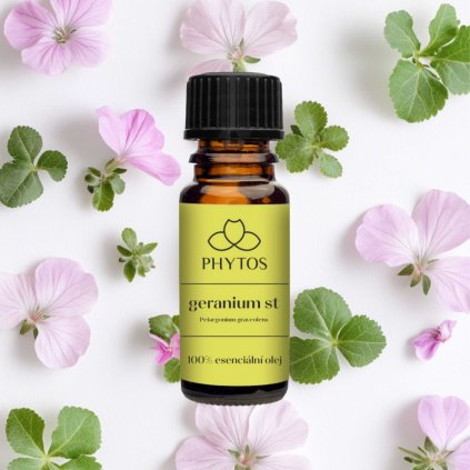 100% esenciální olej Geranium Phytos s květinami na přírodním pozadí