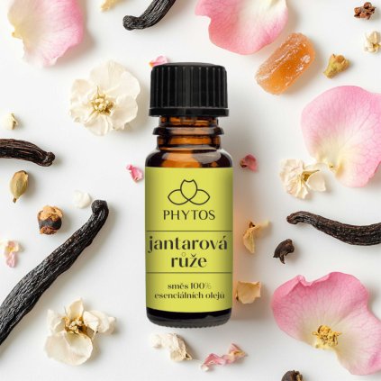 Jantarová růže – směs 100% esenciálních olejů s květinami na přírodním pozadí