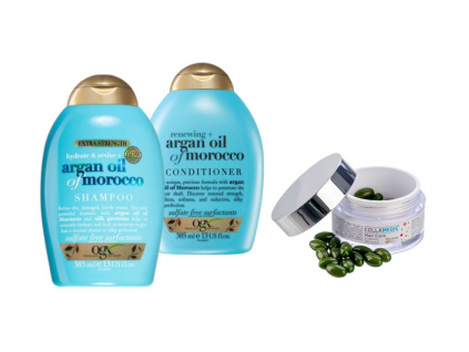OGX Argan Oil Of Morocco vlasová kosmetika (kondicionér, šampon) na suché vlasy + vitamíny