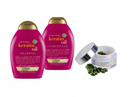 OGX Keratin Oil vlasová kosmetika (kondicionér, šampon) na lámavé vlasy a roztřepené konečky + vitamíny